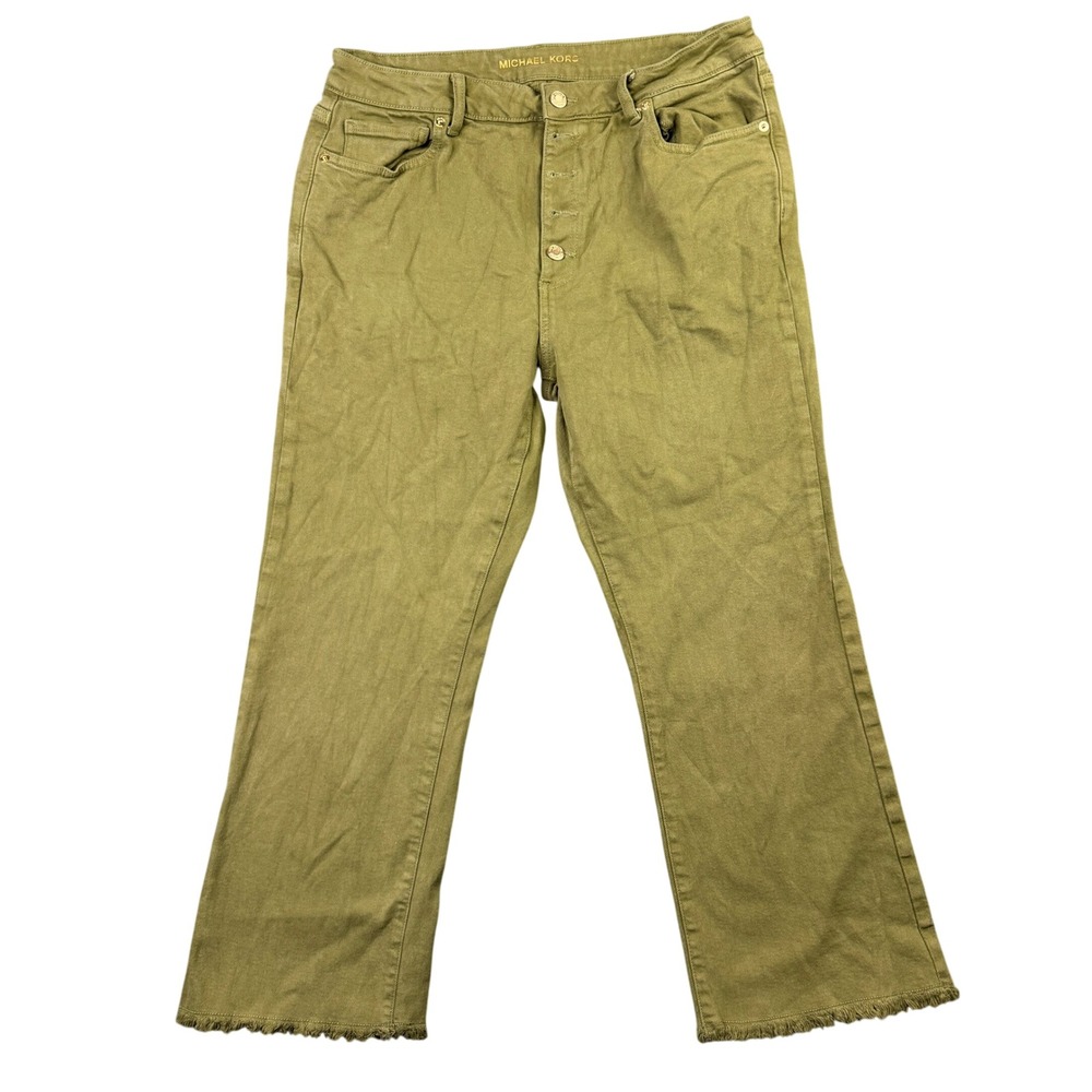 Michael Kors Olive Green Button Fly Raw Hem Crop Flare Jeans Size 10 QT49064E9U